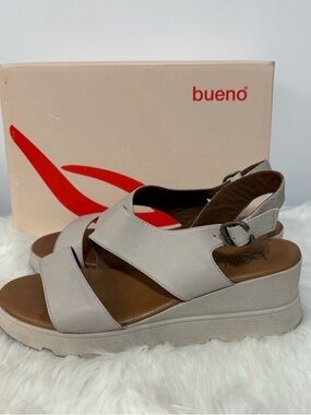 (55)Bueno Gray Leather Slingback Platform Sandals